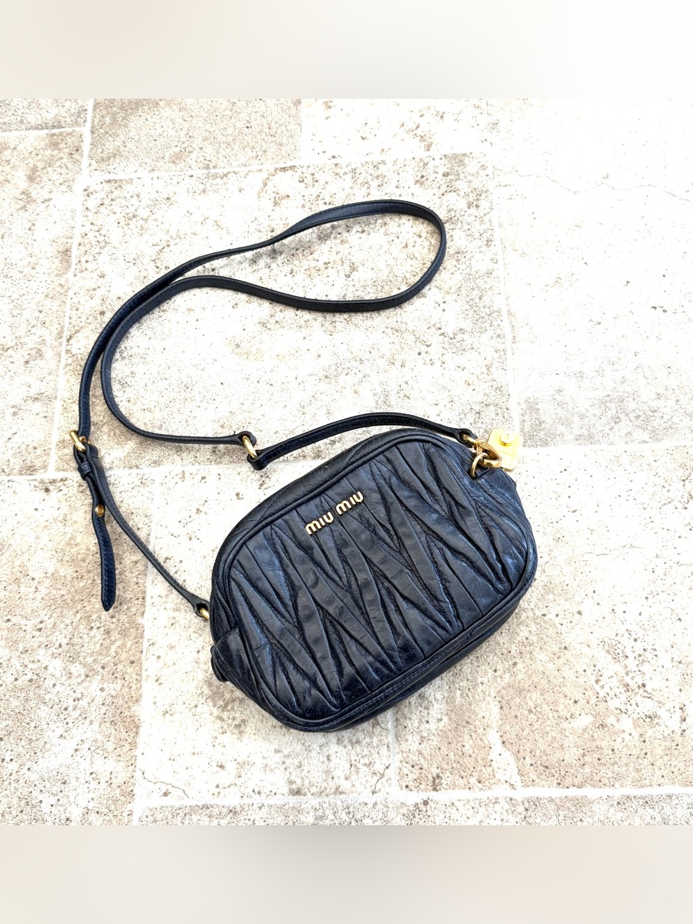 Miu Miu Quilted Navy Leather Crossbody with Gold Hardware